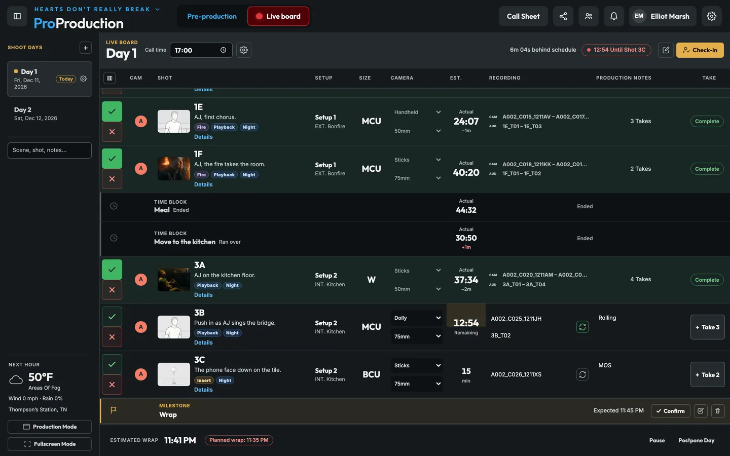 The live board for a music video night: the bonfire shots done with their takes and clips, the meal and the move to the kitchen ended, and 3B rolling.