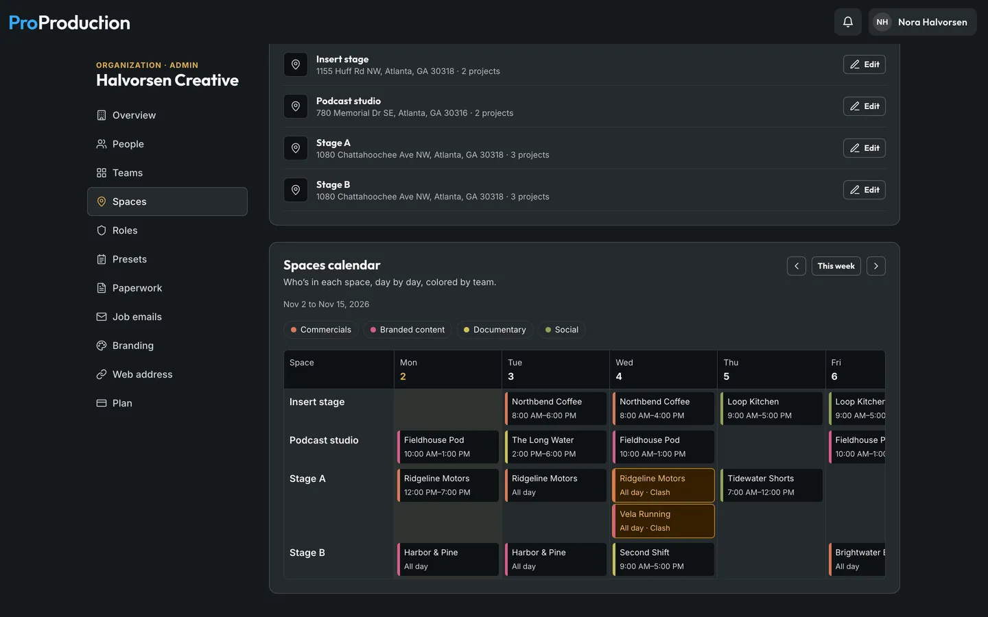 The Spaces calendar, colored by team, with a clash on Stage A.