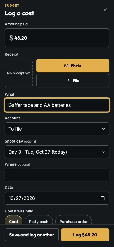 Logging a cost on a phone: $48.20 for gaffer tape and batteries, with a receipt photo, the account and how it was paid.