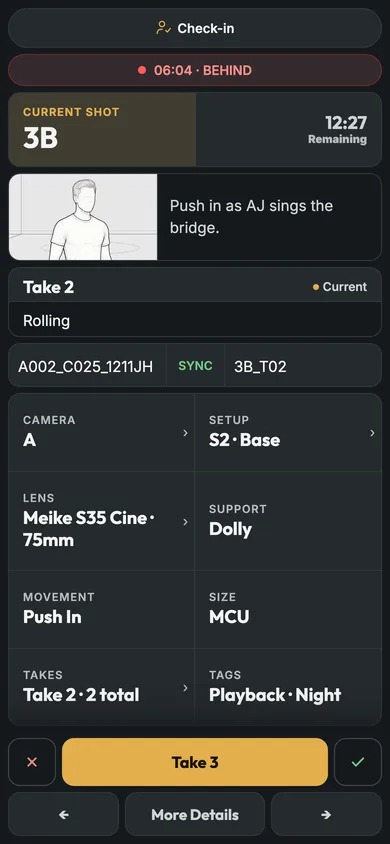 The live board on a phone: shot 3B rolling on take 2, six minutes behind, with its camera, setup, lens and support.